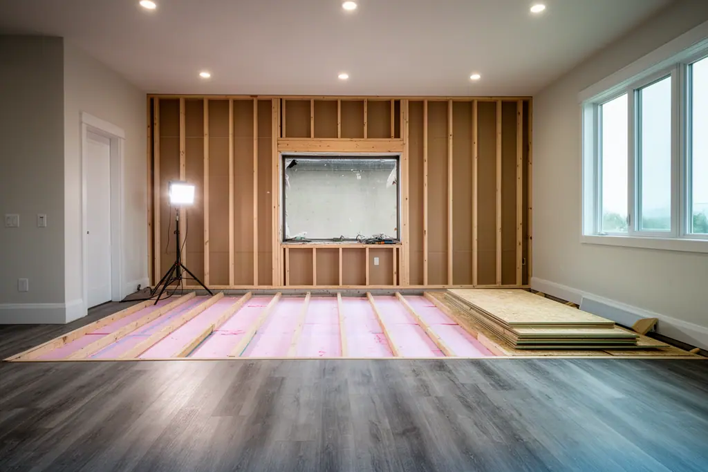 Garage interior being converted, with a new framed wall and window opening where the garage door was and sleepers with foam insulation over the slab.