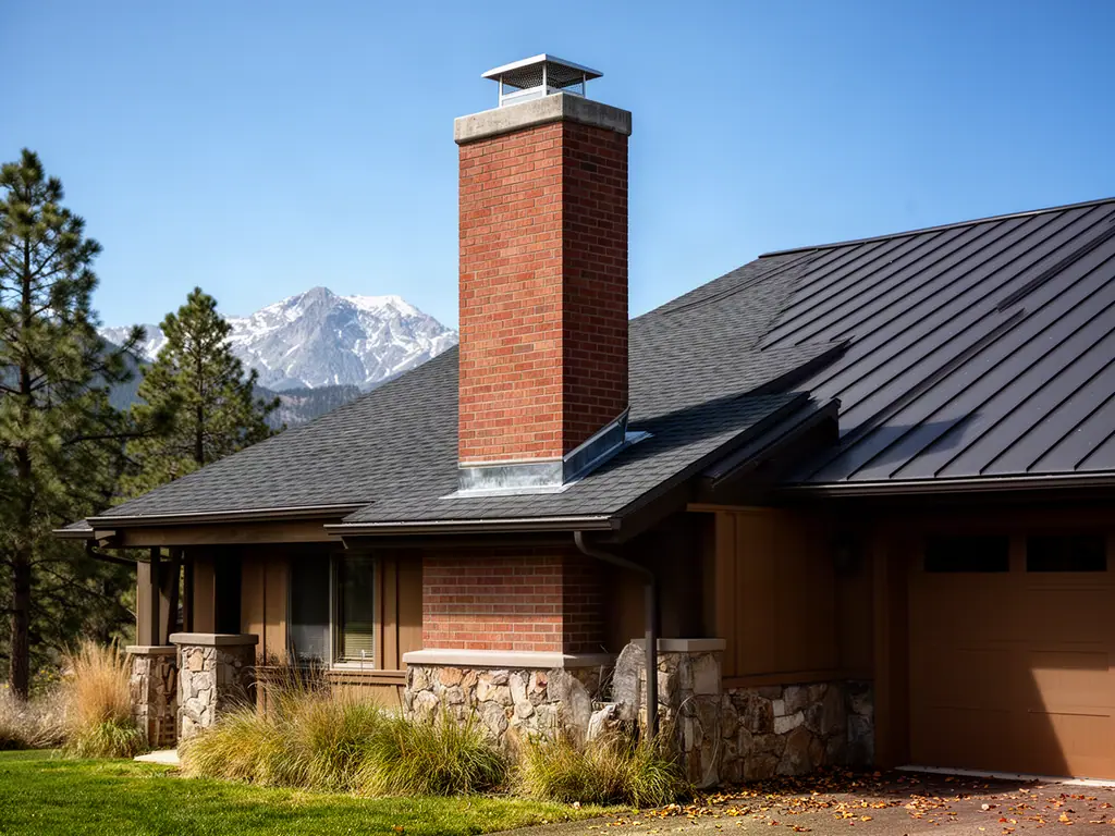 Red-brick chimney with a concrete crown and stainless cap rising through a dark shingle roof, with mountains behind.
