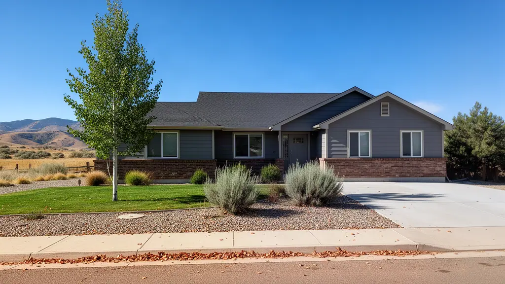 Single-story gray house with a brick base and an aspen tree, with dry foothills in the distance under a clear sky.