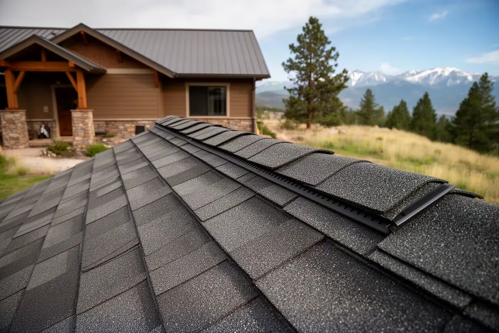 Close view of new charcoal architectural shingles meeting at a roof ridge with a low-profile ridge vent, mountains in the distance.